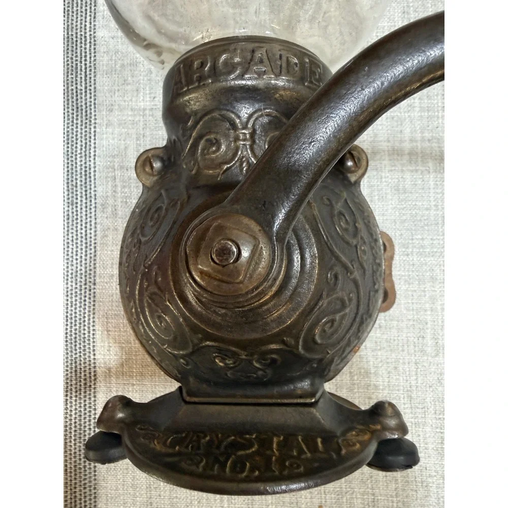 Antique Arcade Crystal No.1 Wall Mount Coffee Grinder Cast Iron Glass Hopper